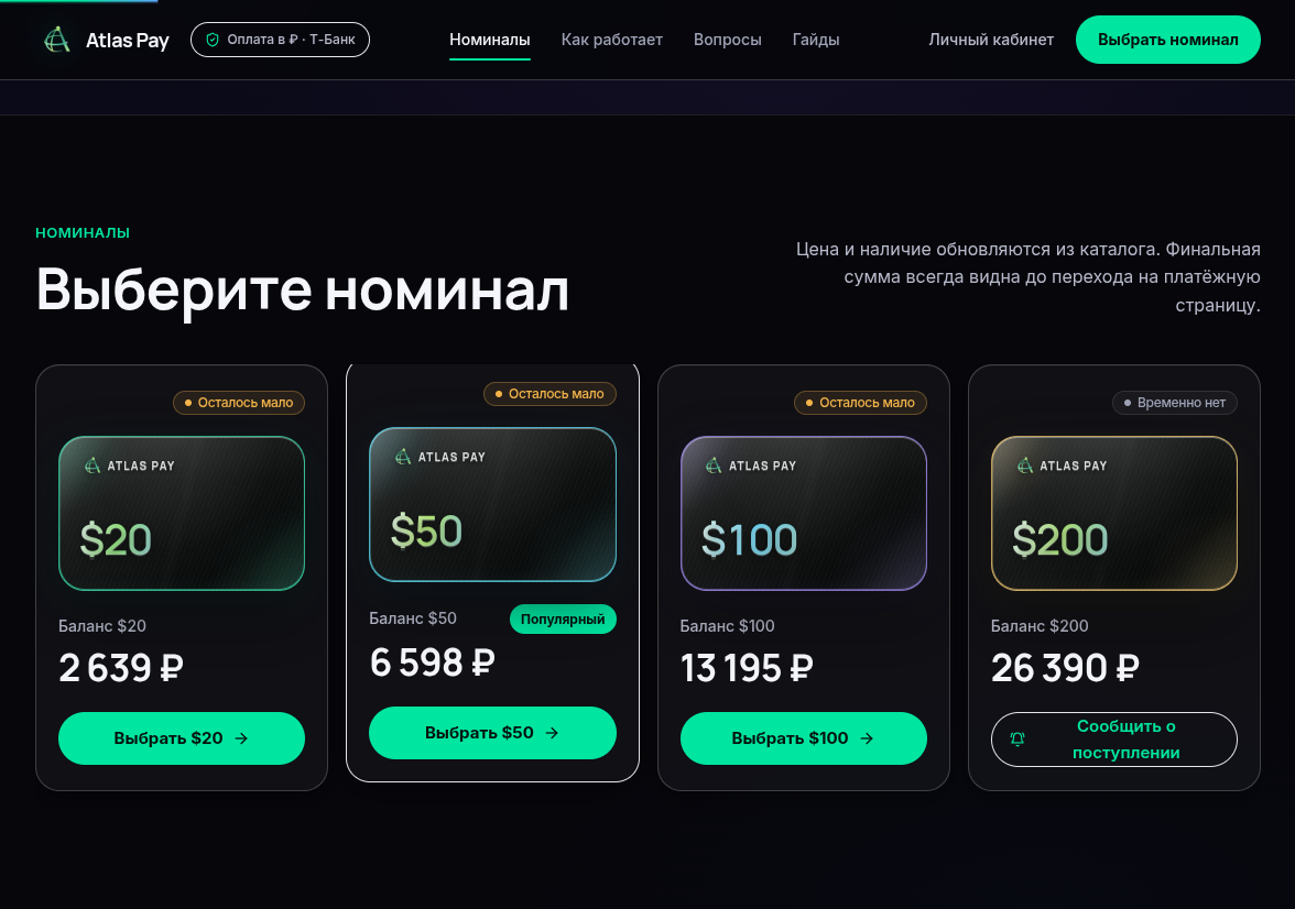 Выбор номинала виртуальной карты на главной странице Atlas Pay: баланс $20–$200, цены в рублях и наличие